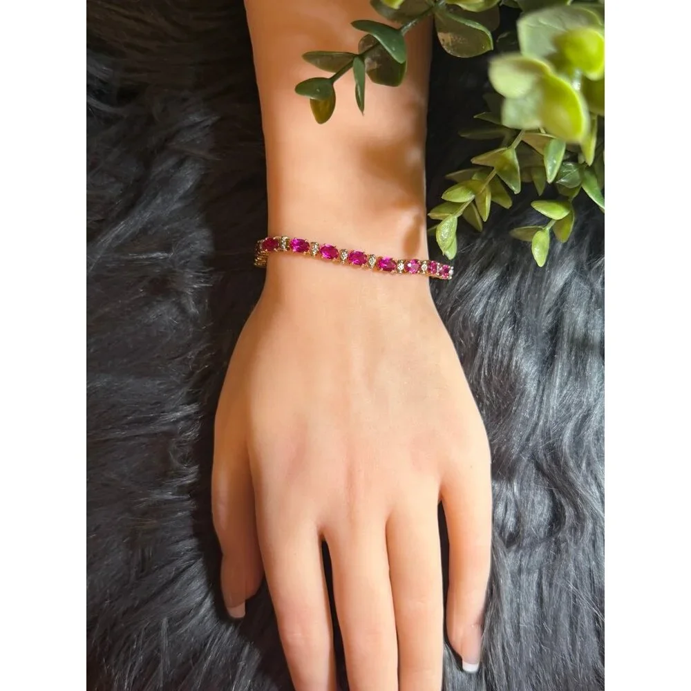 Lovely 10K Gold Syn. Rubies /Diamond Accent Tennis Bracelet‎
